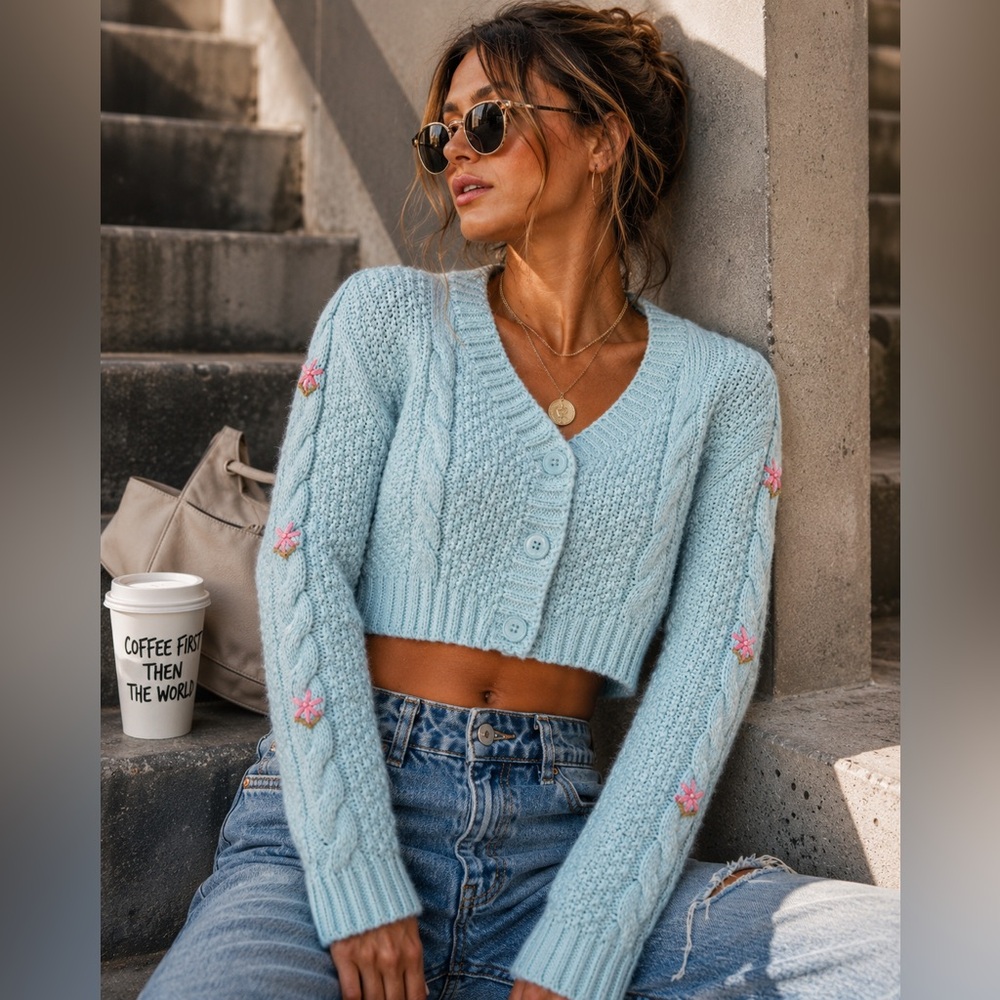 Baby Blue🩵Embroidered Floral 🌸 Cropped Cable Knit Cardigan Cottagecore Sweater